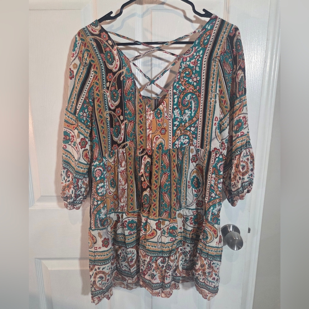 Umgee Boho Paisley Mini Dress in Mustard, Teal & Rust - Picture 8 of 9